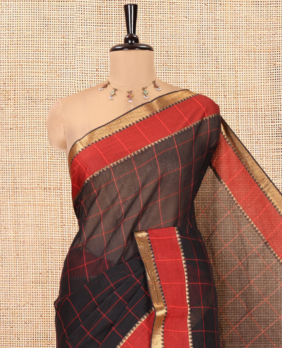 Black Andhra Cotton Saree, Accentuated with Checks, a Contrast Temple Border, Pallu Steeped with Stripes, and Matching Blouse