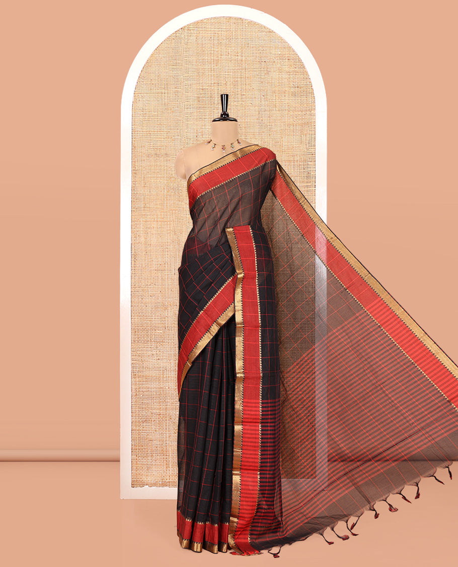 Black Andhra Cotton Saree, Accentuated with Checks, a Contrast Temple Border, Pallu Steeped with Stripes, and Matching Blouse