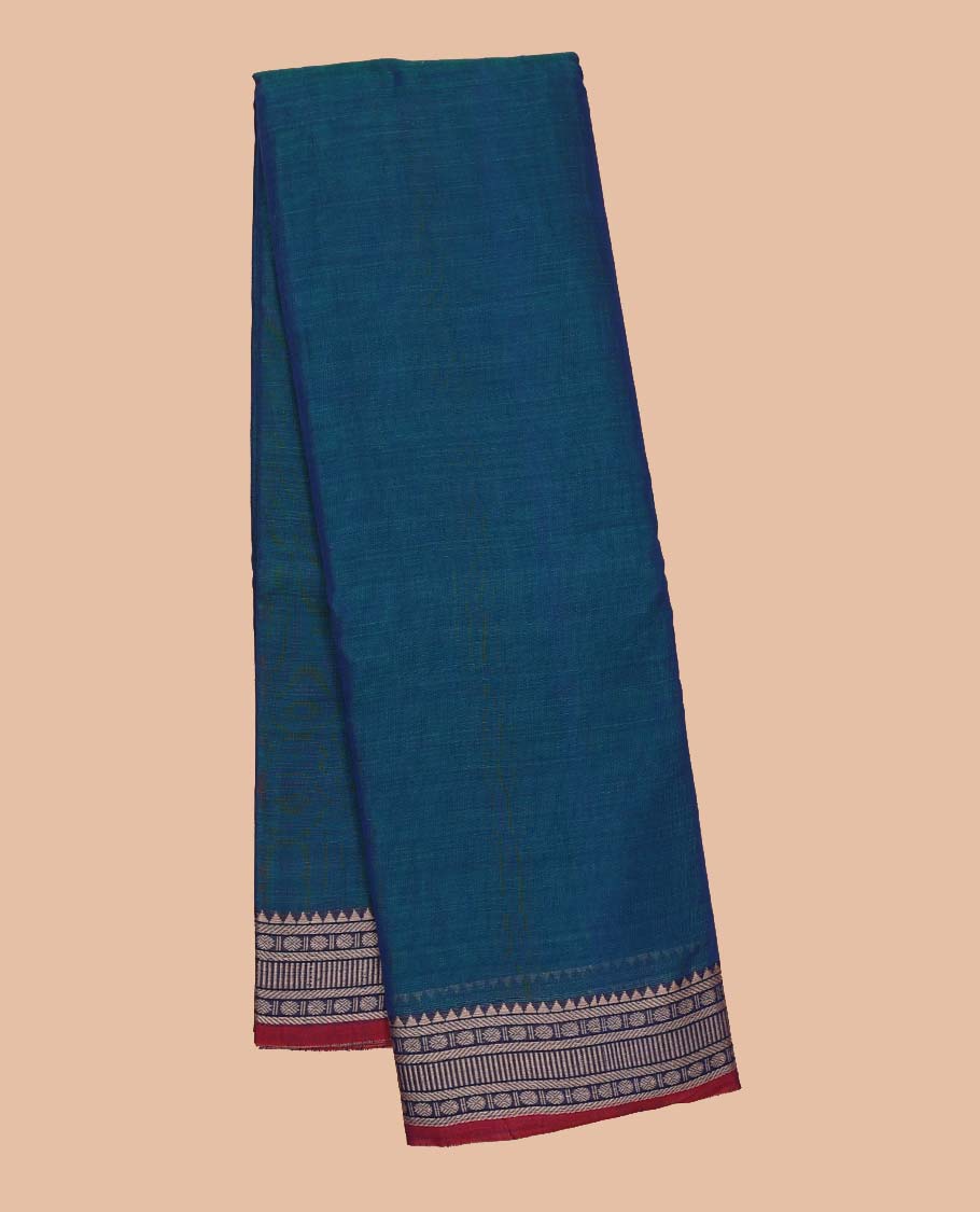 Blue plain Narayanapet cotton saree, contrast traditional design border & striped pallu