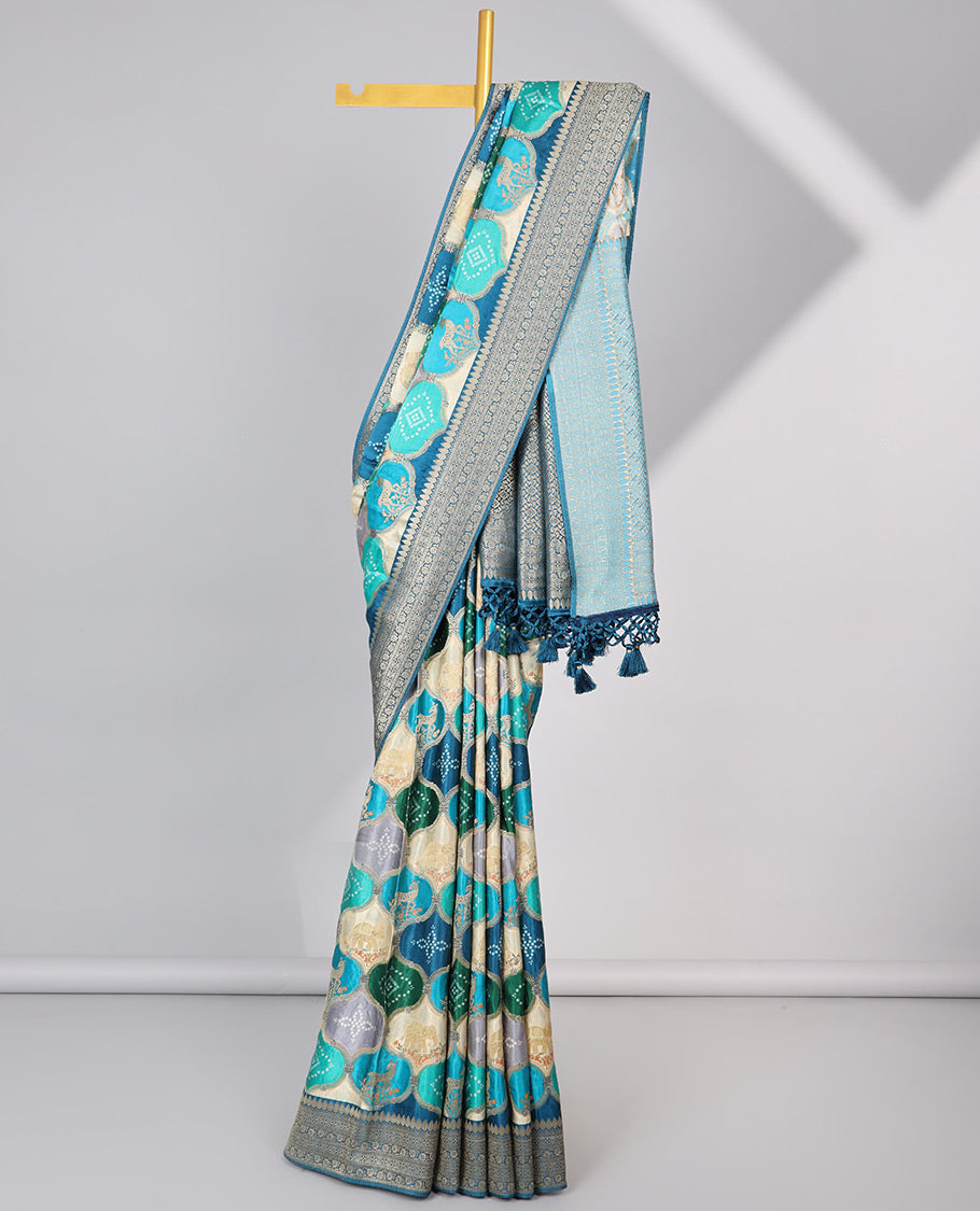 Multi-colored ogee design semi-banaras dola silk saree with contrast zari border & intricate zari design pallu