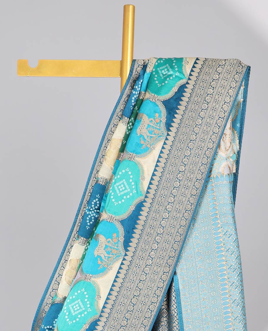 Multi-colored ogee design semi-banaras dola silk saree with contrast zari border & intricate zari design pallu