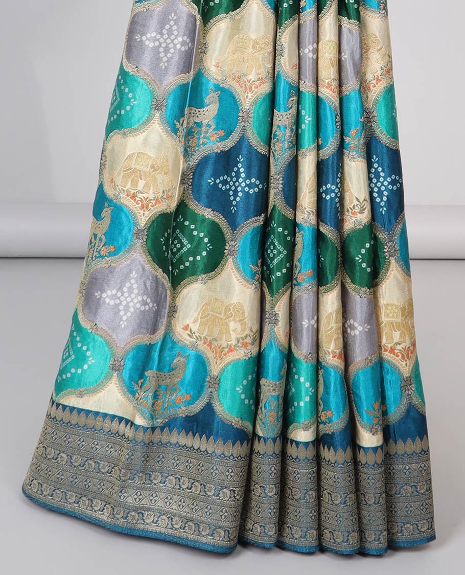 Multi-colored ogee design semi-banaras dola silk saree with contrast zari border & intricate zari design pallu