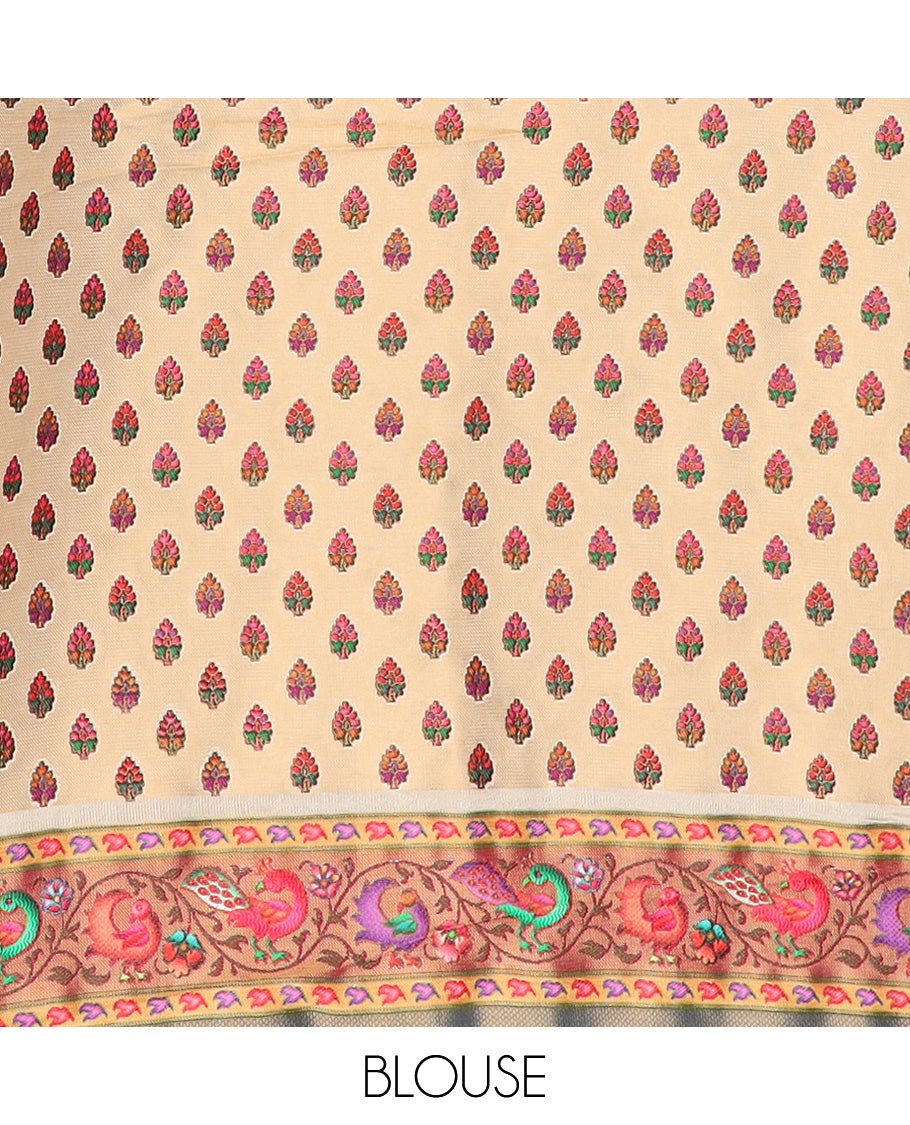 Sandal floral and birds digital printed dola silk saree, contrast printed border, and pallu of floral, and bird print