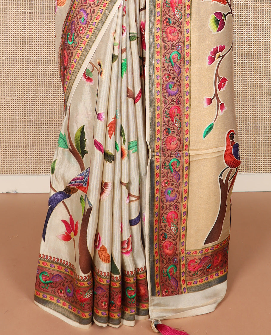 Sandal floral and birds digital printed dola silk saree, contrast printed border, and pallu of floral, and bird print