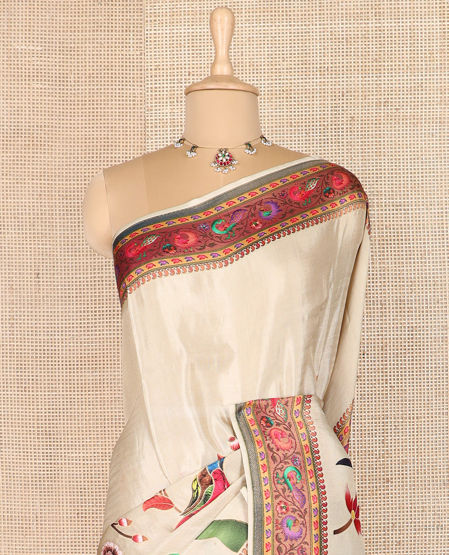 Sandal floral and birds digital printed dola silk saree, contrast printed border, and pallu of floral, and bird print