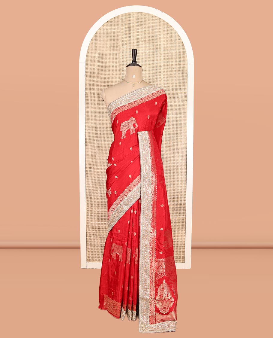 Red Elephant Buttas Russian Dola Silksaree, Embroidery Patch Border, Matching Blouse