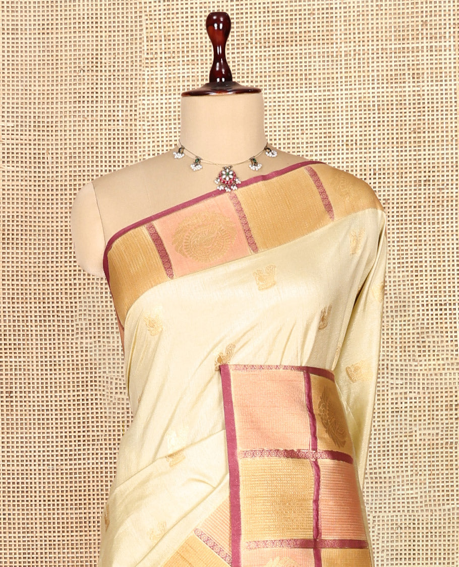 Onion Pink Peacock Motif Fancy Raw Silksaree, Contrast Checked Zari Border, Jaal Pallu, Matching Blouse
