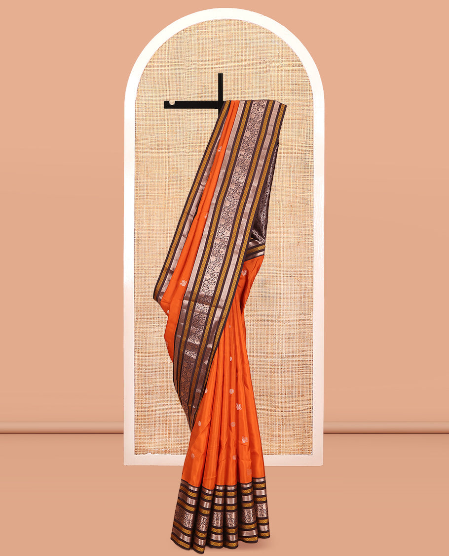 Orange Mayil-Chakram Buttas Vasundhara Lite Silk Mix Saree, Contrast Traditional Zari Border, and a Contrast Blouse