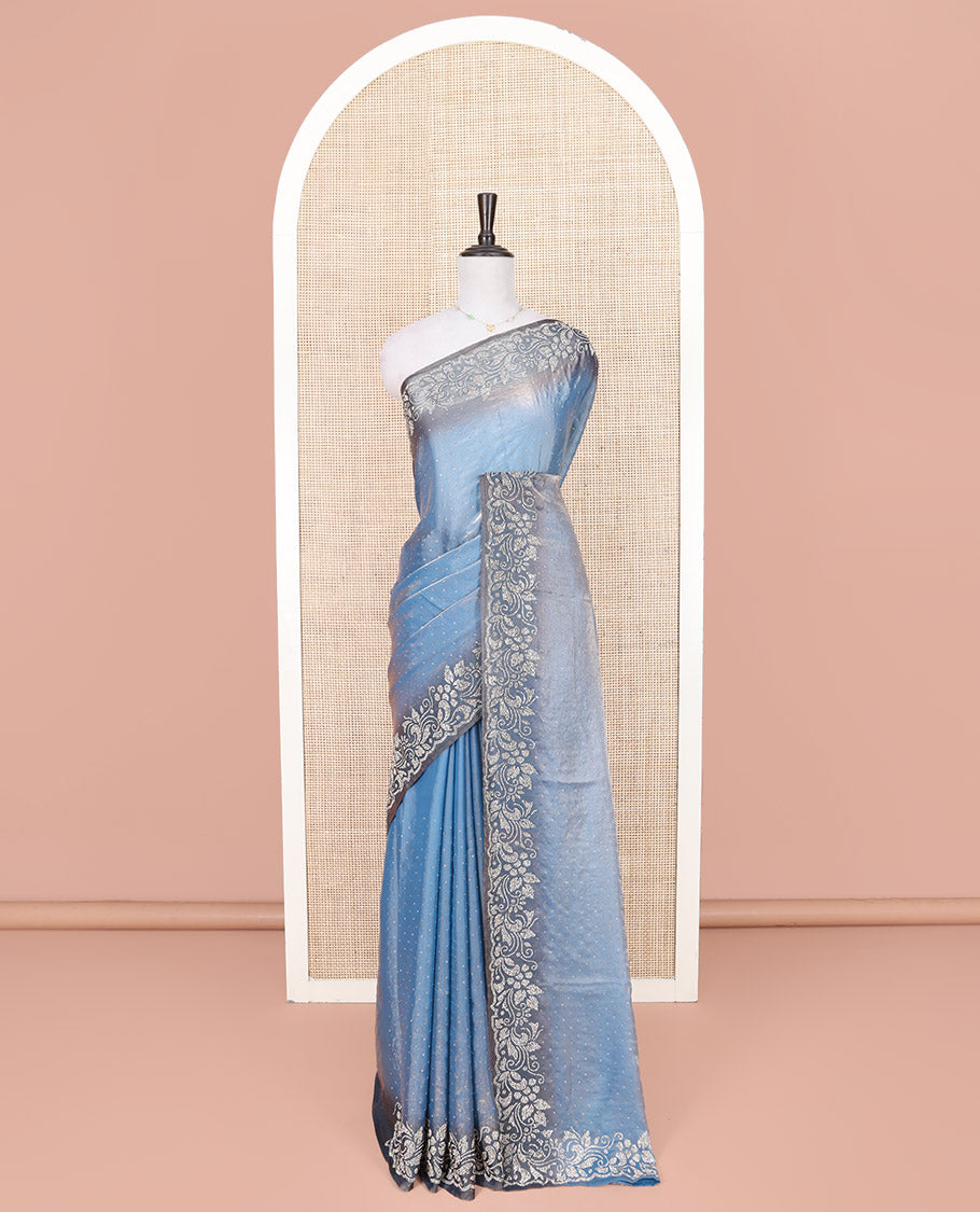 Blue Designer Saree, Charmingly Accented with Stone Struck on Its Body, Complemented by a Contrast Floral Design Stone Work Border, Pallu of Stone Work, and Paired with a Contrast Blouse