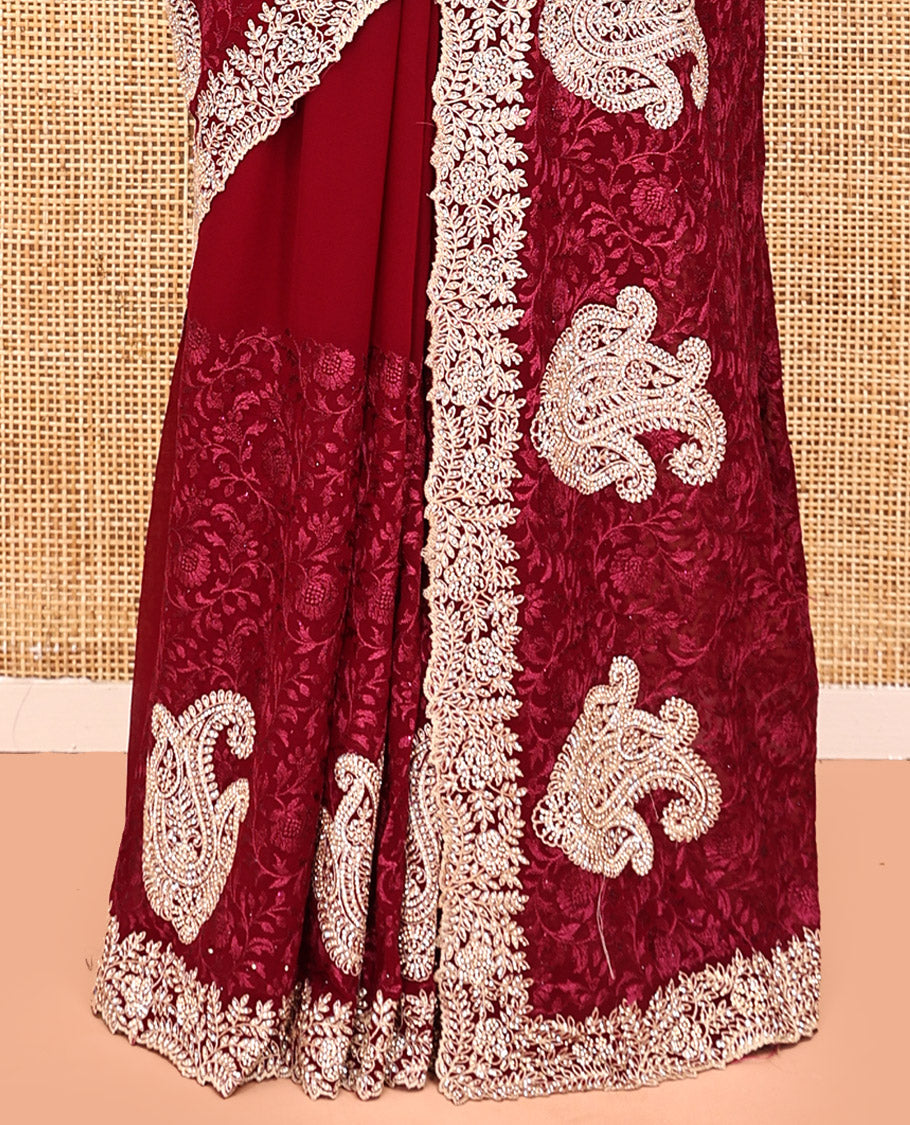 Red Designer Saree, Enthralled with Floral Vine Embroidery, a Scallop Embroidered Border, and a Matching Blouse