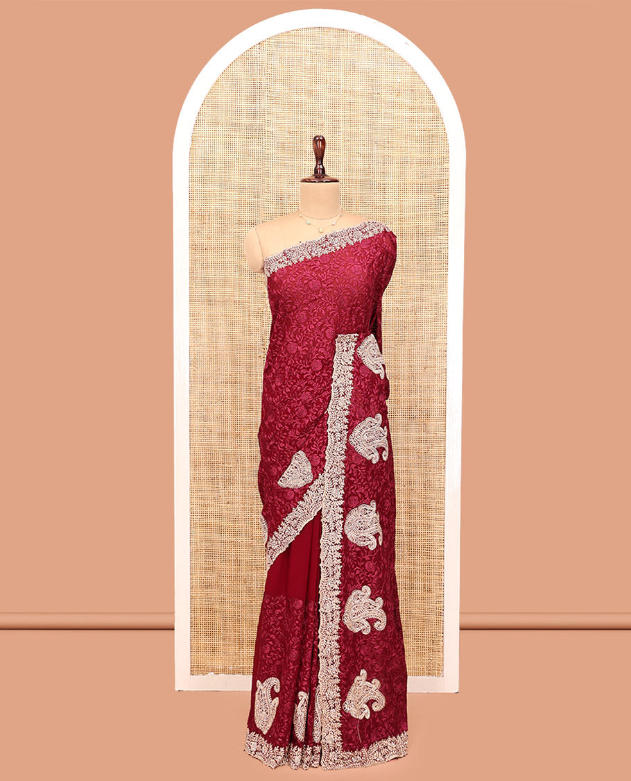 Red Designer Saree, Enthralled with Floral Vine Embroidery, a Scallop Embroidered Border, and a Matching Blouse