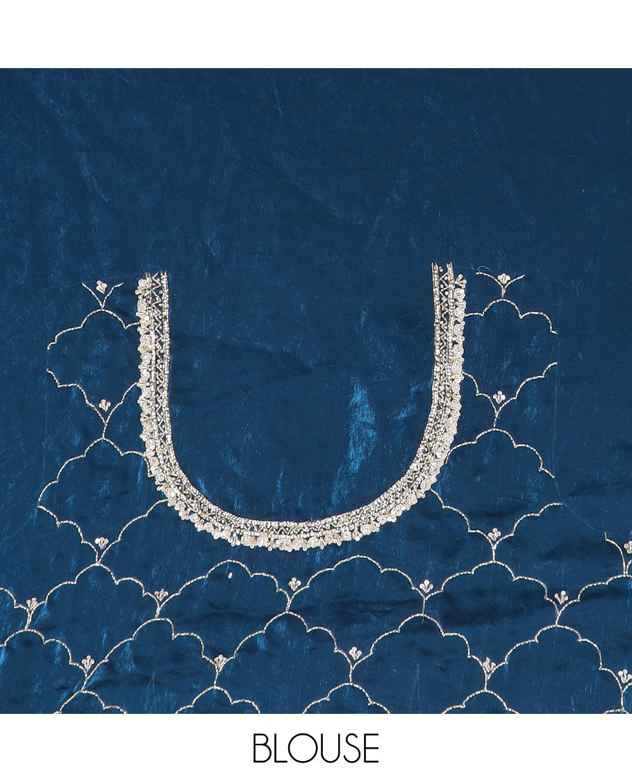 Navy blue ogee patterns kardana embroidered designer saree, stone embroidered scallop border