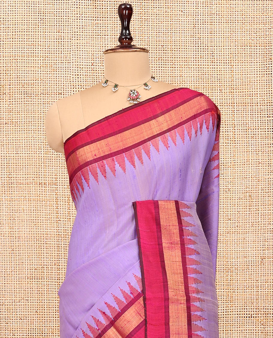 Lavender Dupion Silk Saree, Subtly Woven with Buttas, Complemented by Contrast Zari Border, Temple Pallu, and a Contrast Blouse