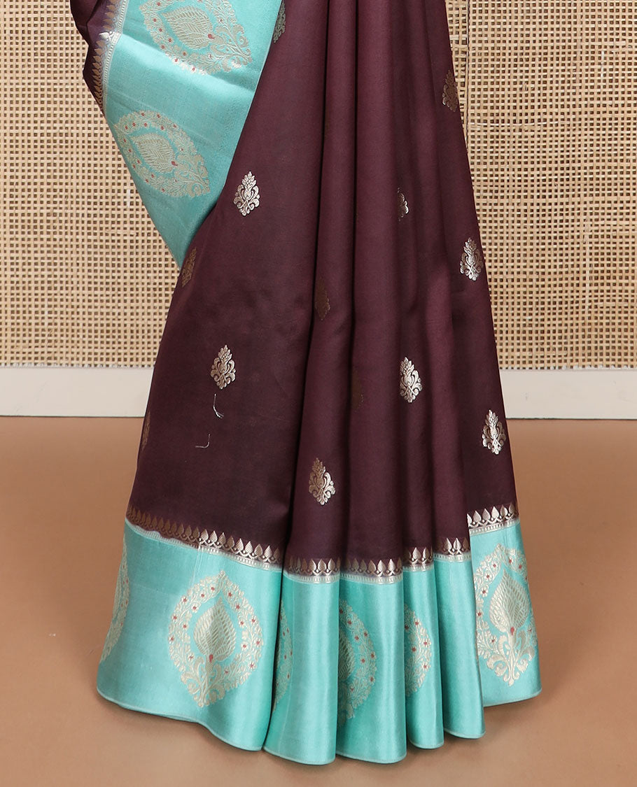 Brown floral motifs raw mango silk saree with contrast floral design border & jaal design pallu