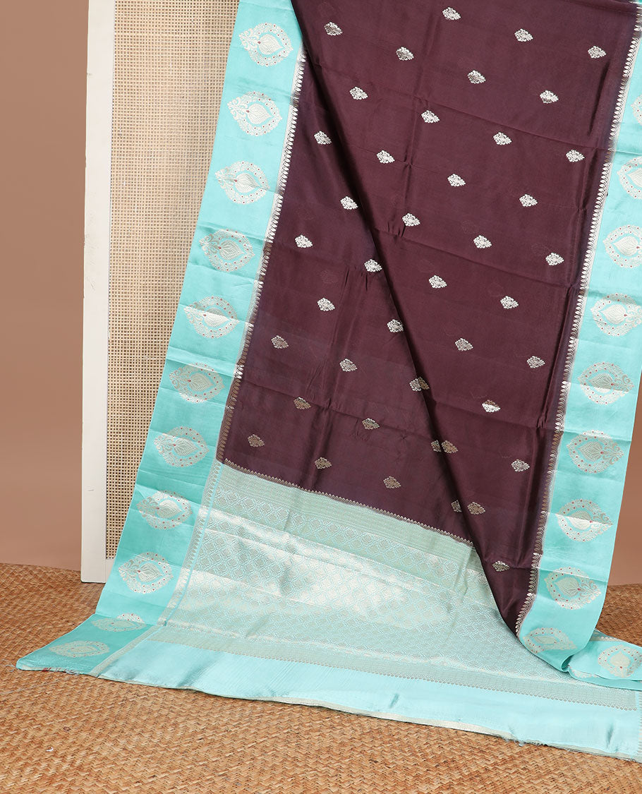 Brown floral motifs raw mango silk saree with contrast floral design border & jaal design pallu