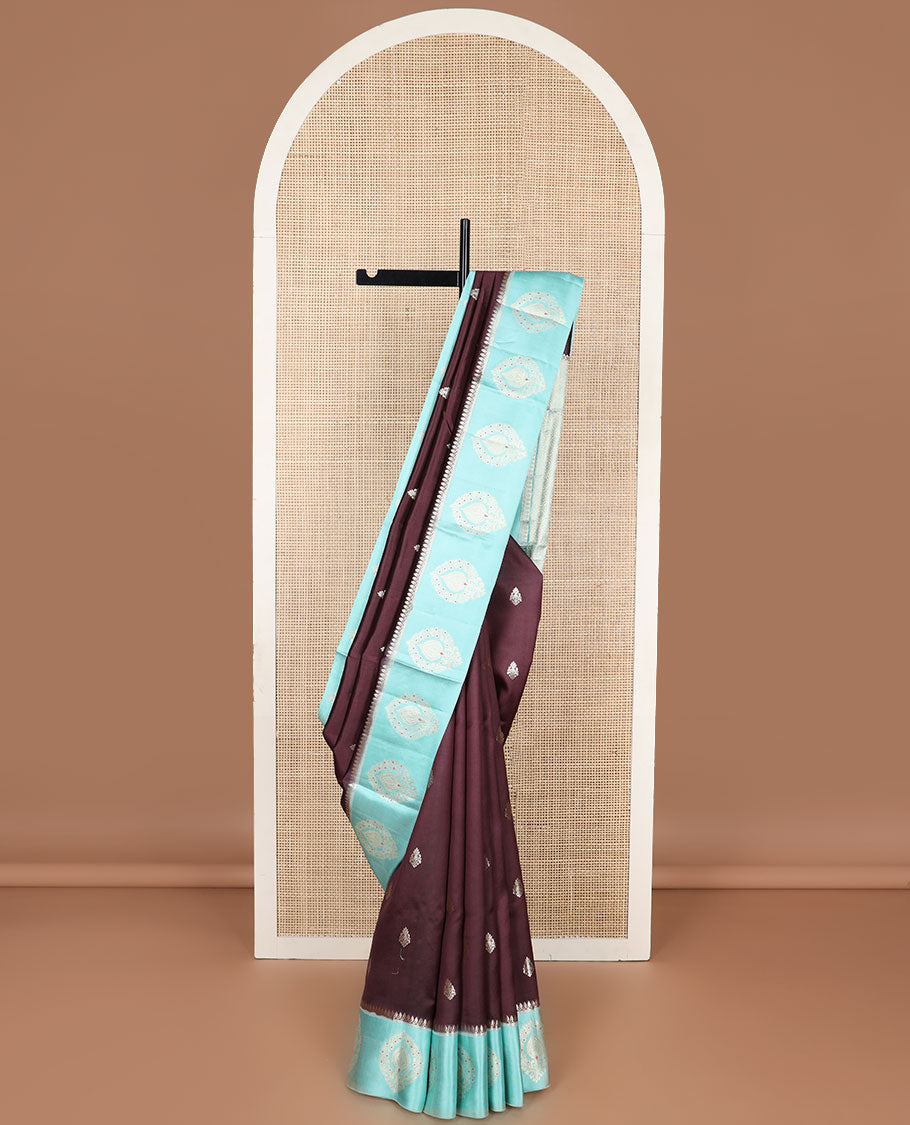 Brown floral motifs raw mango silk saree with contrast floral design border & jaal design pallu