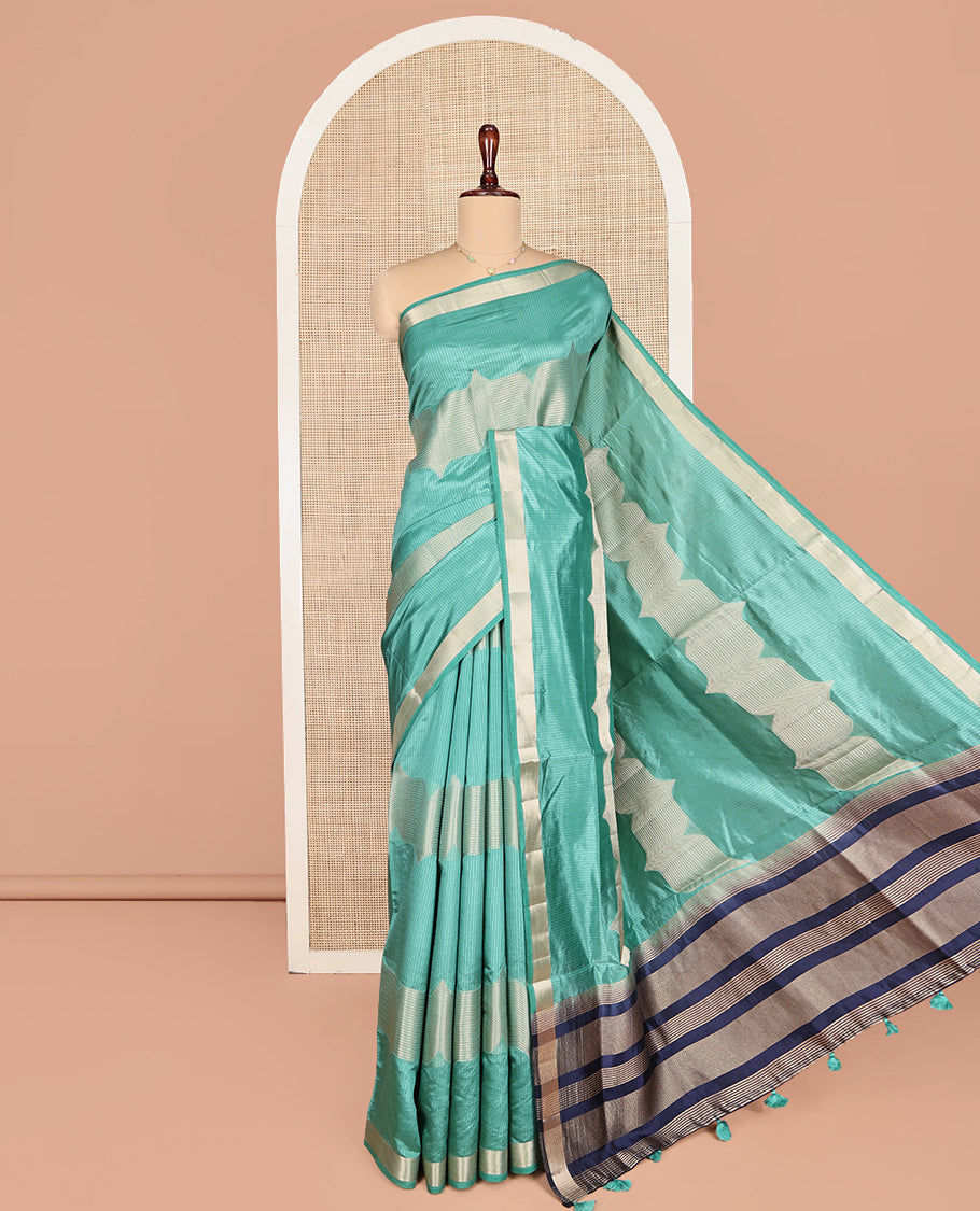 Green Dupion Silk Saree, Boldly Accentuated with Zig-Zag Stripes, Highlighted by Zari Border, Complemented by a Contrast Zari Striped Pallu, and a Contrast Blouse