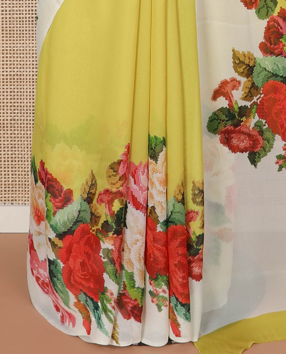 Yellow georgette saree with contrast floral design border