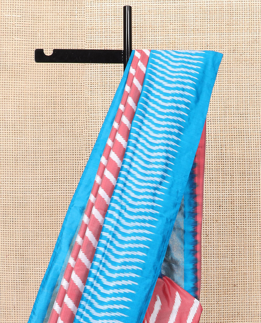 Pink Ikkat Silk Saree Features Lehariya Stripes in Ikkat Weave, Complemented by a Contrast Ikkat Textured Border, Subtly Woven Pallu of Jaal Design, and a Contrast Plain Blouse