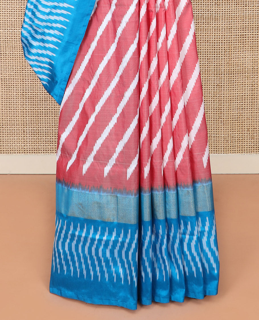 Pink Ikkat Silk Saree Features Lehariya Stripes in Ikkat Weave, Complemented by a Contrast Ikkat Textured Border, Subtly Woven Pallu of Jaal Design, and a Contrast Plain Blouse