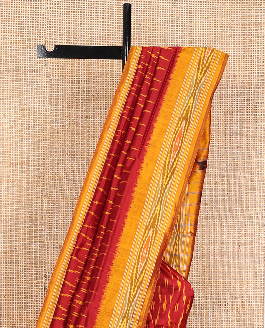 Red ikkat saree with unique buttas, contrast ikkat border & pallu of ikkat designs