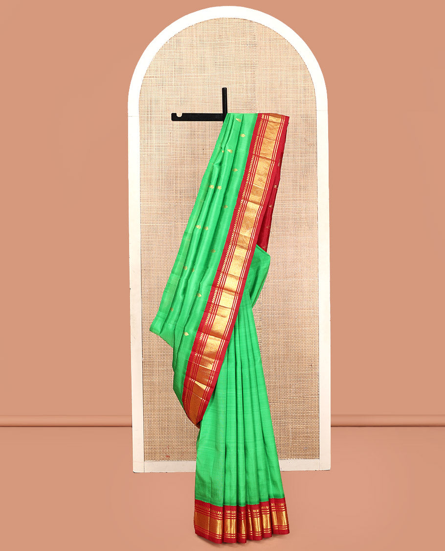 Green Kanchipuram Silk Saree, Decorated with Zari Buttas, Contrast Korvai Border of Thilakam Mokku, Banaras, and Mayil Kann, Pallu of Zari Design, and No Blouse