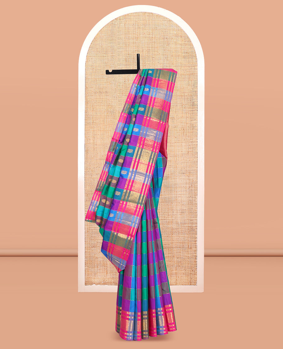 Multi-Color Palum Pazhamum Kattam Kanchipuram Silk Saree Features Mayil-Chakram Buttas, a Traditional Zari Border, Grand Jaal Pallu, and Contrast Blouse