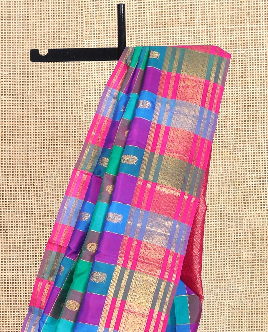 Multi-Color Palum Pazhamum Kattam Kanchipuram Silk Saree Features Mayil-Chakram Buttas, a Traditional Zari Border, Grand Jaal Pallu, and Contrast Blouse