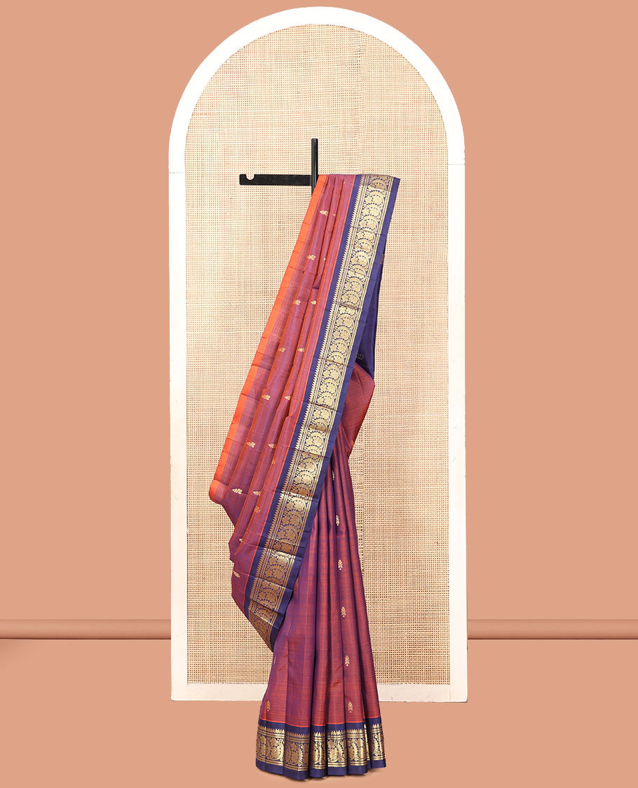 Red Kanchipuram Silk Saree, Woven with Zari Buttas, a Contrast One-Sided Border of Thilakam Mokku and Floral Designs, a Zari Design Pallu, and No Blouse