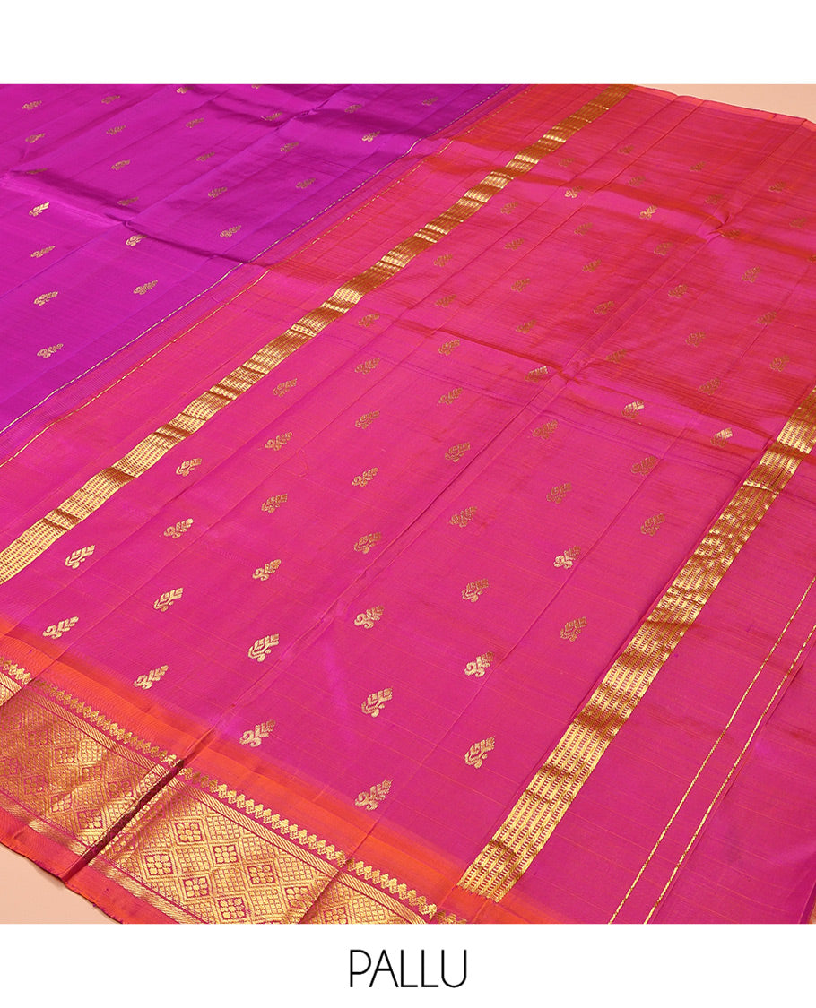 Pink Kanchipuram Silk Saree, Embellished with Zari Buttas, Complemented by a Contrast One-Sided Border of Thilakam Mokku, Banaras, and Jaal Designs, Zari Design Pallu, and No Blouse