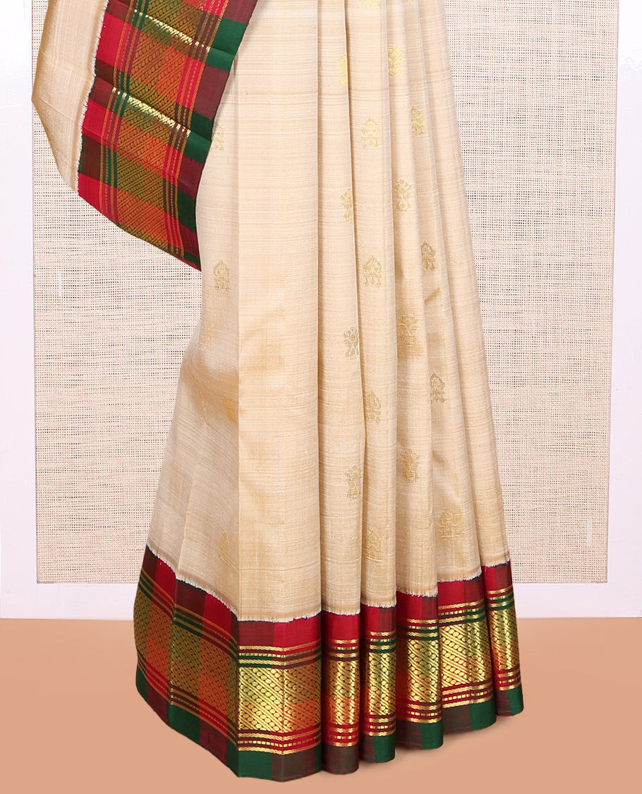Sandal Kanchipuram Silk Saree, Sparsely Woven with Zari Buttas, a Contrast Korvai One-sided Border of Traditional Designs, Zari Woven Pallu, and No Blouse