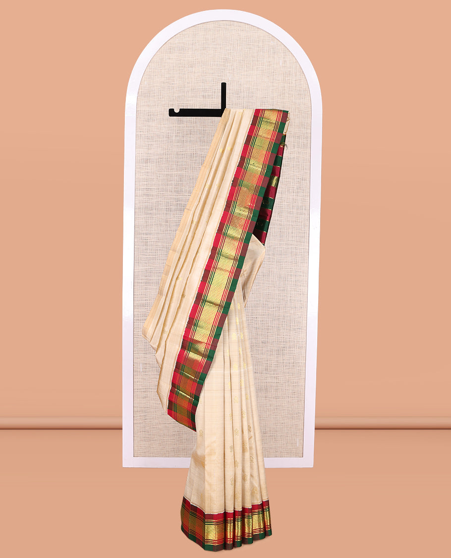 Sandal Kanchipuram Silk Saree, Sparsely Woven with Zari Buttas, a Contrast Korvai One-sided Border of Traditional Designs, Zari Woven Pallu, and No Blouse