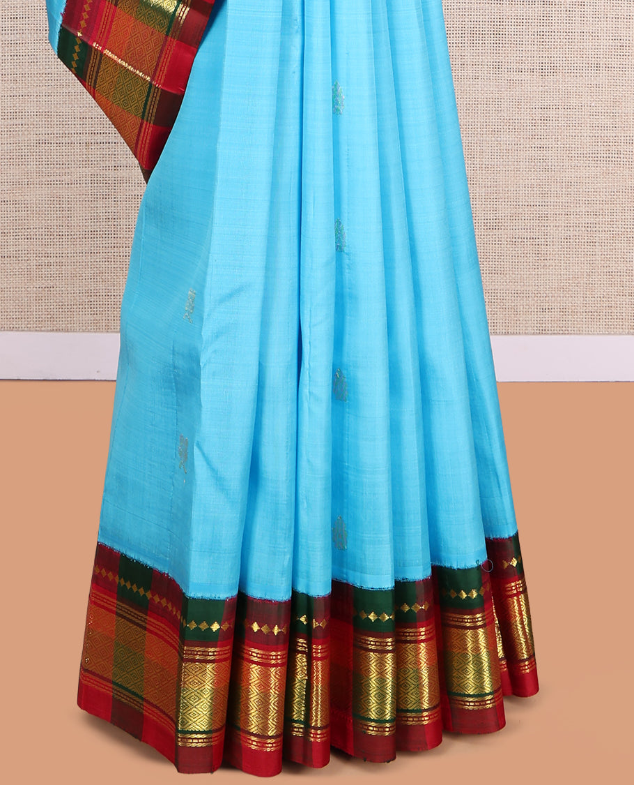 Blue Kanchipuram Silk Saree, Subtly Woven with Zari Buttas, a Contrast Korvai One-Sided Border of Rekku, Banaras, Muthu, and Jaal Design, Zari Design Pallu, and No Blouse
