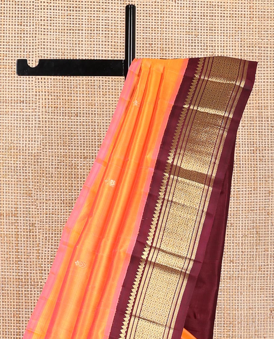 Orange buttas kancheepuram silk saree with contrast korvai border of banaras, thilakam mokku design & zari design border