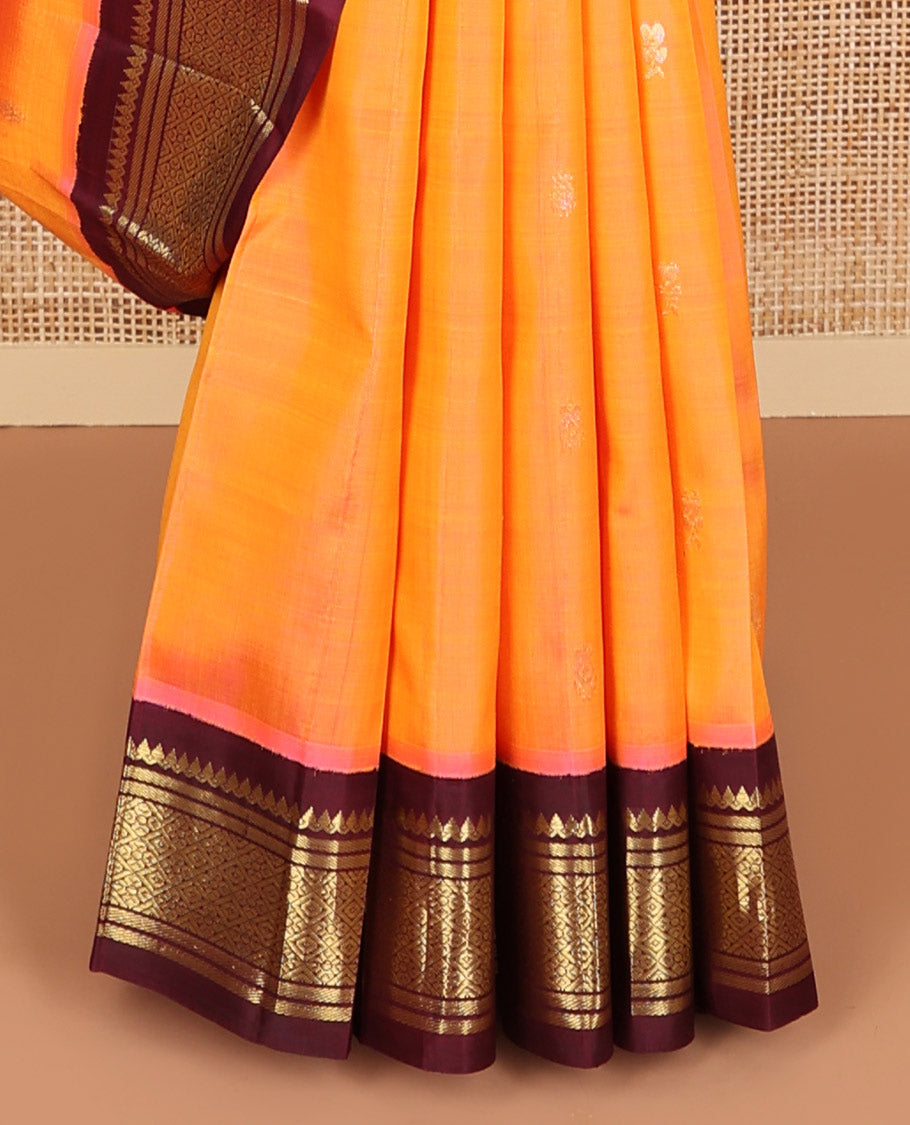 Orange buttas kancheepuram silk saree with contrast korvai border of banaras, thilakam mokku design & zari design border