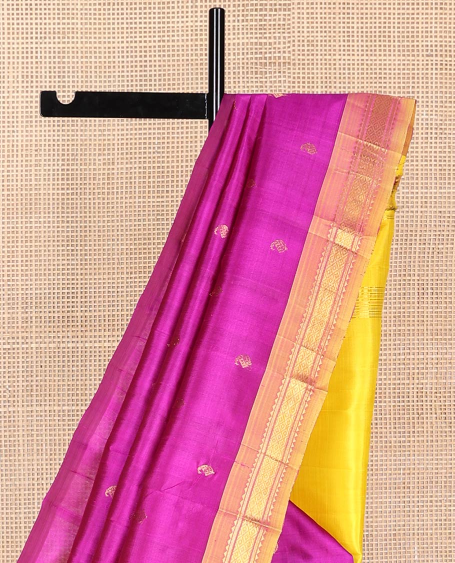 Pink paisley design kancheepuram silk saree with contrast rekku, banaras, checked design & floral design pallu