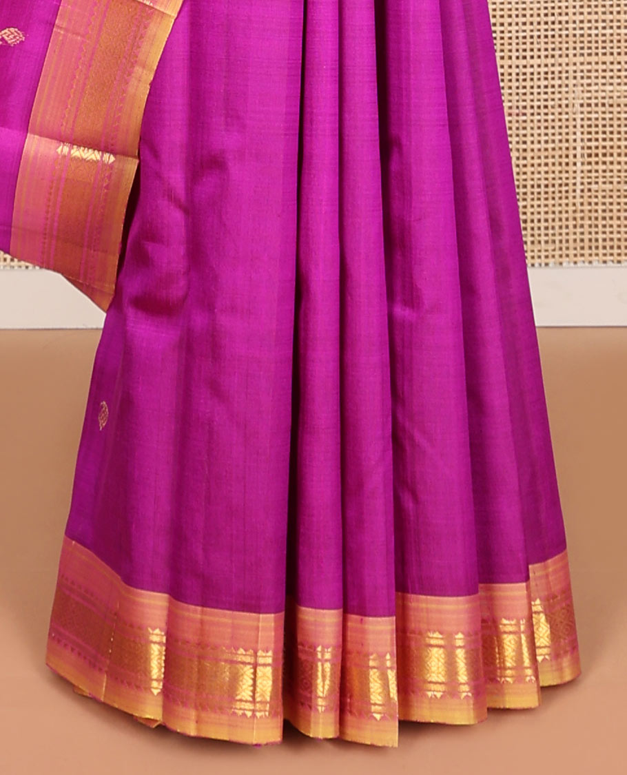 Pink paisley design kancheepuram silk saree with contrast rekku, banaras, checked design & floral design pallu