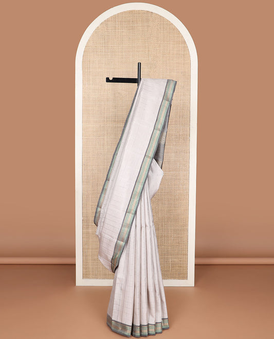 Light grey checked kancheepuram silk saree with contrast intricate design border & striped pallu