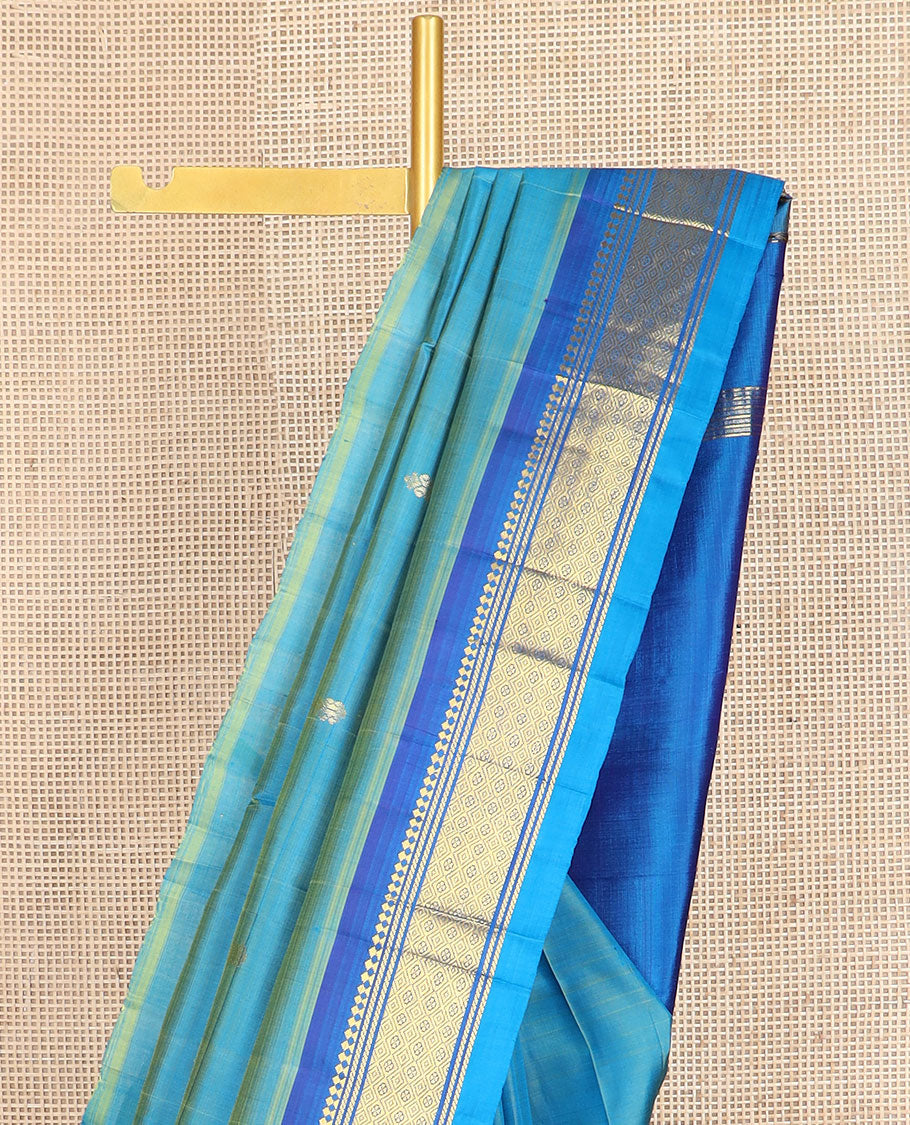 Blue zari buttas kanchipuram silk saree, contrast one-sided border of paneer sombu,banaras & jaal design & zari design pallu