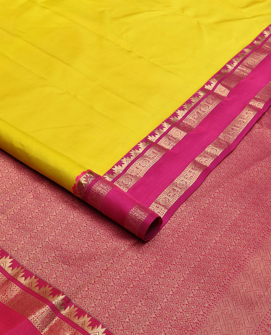 Yellow plain Kanchipuram silk saree, contrast rettai pettu border of thazampoo rekku, neli, chakram & kuthirai & jaal pallu