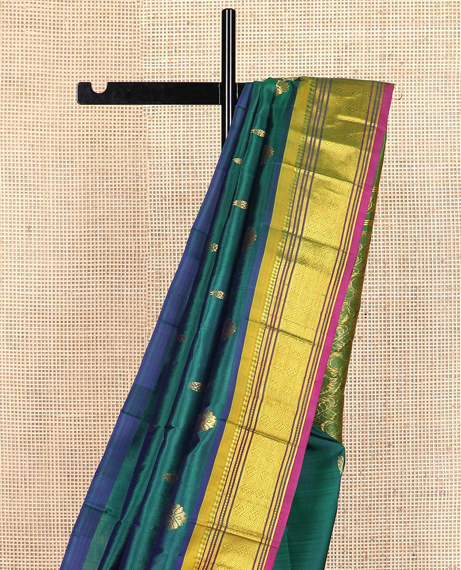 Green zari buttas Kanchipuram silk saree, contrast border of panner sombu, banaras, muthu & jaal design & kodi visiry pallu