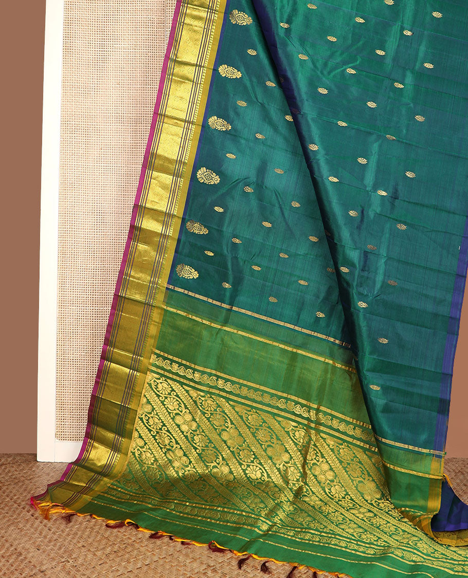 Green zari buttas Kanchipuram silk saree, contrast border of panner sombu, banaras, muthu & jaal design & kodi visiry pallu