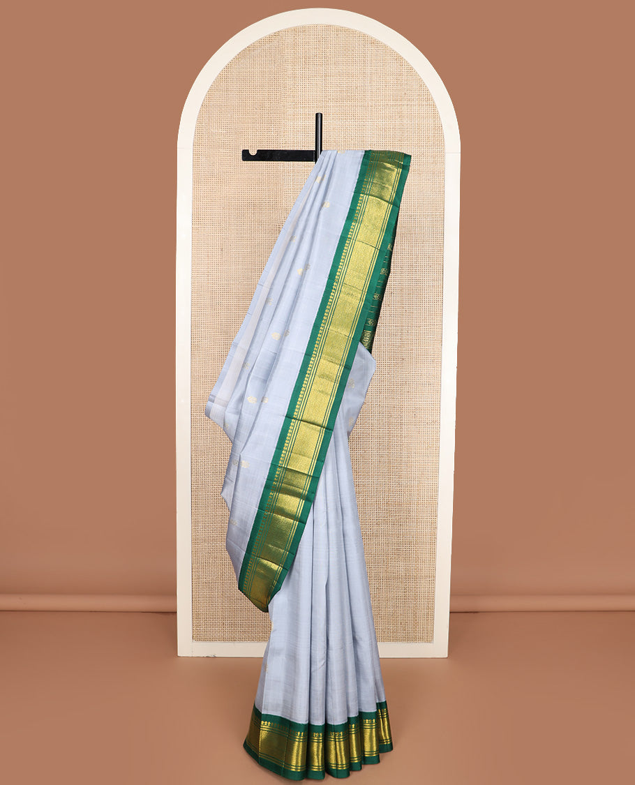 Grey zari buttas Kanchipuram silk saree, contrast one-sided korvai border of paneer sombu, banaras, and jaal design, and zari design pallu