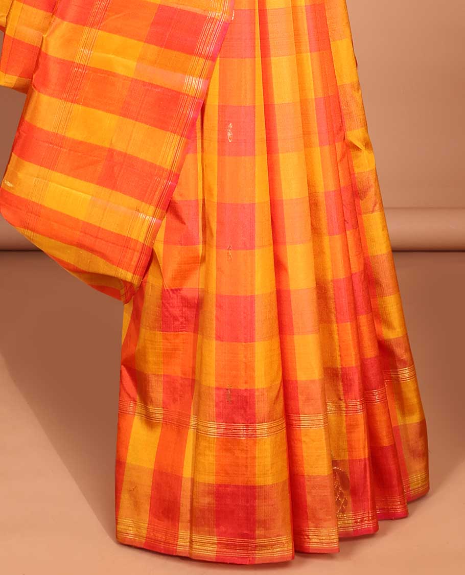 Multi-color checks kancheepuram silk saree with self floral border & striped, floral design pallu