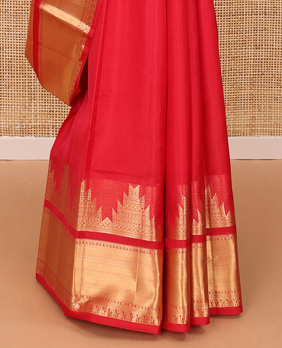 Red plain silk saree, zari border of thazampoo rekku,rudraksham,kathir & manga designs & spade motifs woven pallu