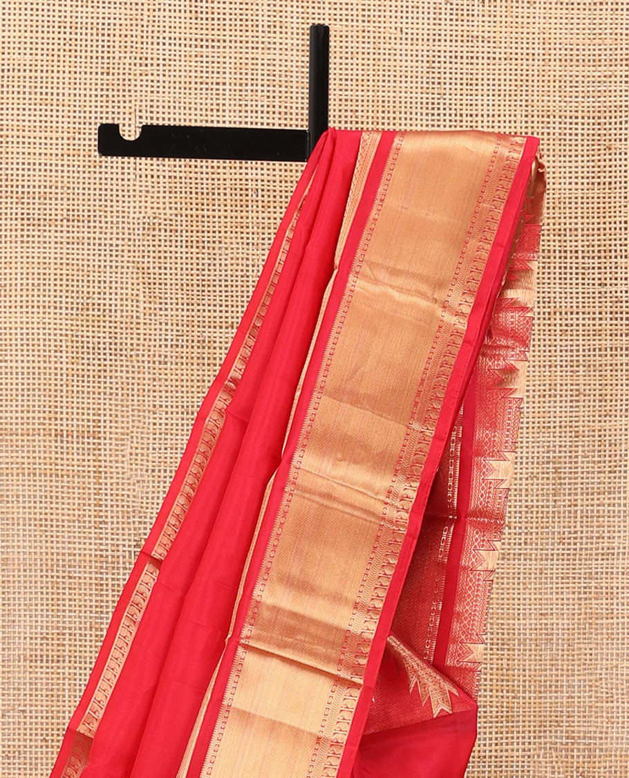 Red plain silk saree, zari border of thazampoo rekku,rudraksham,kathir & manga designs & spade motifs woven pallu