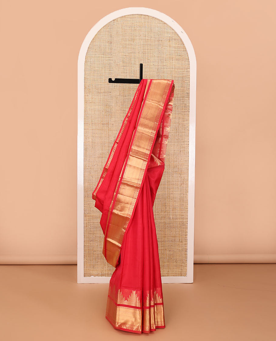 Red plain silk saree, zari border of thazampoo rekku,rudraksham,kathir & manga designs & spade motifs woven pallu