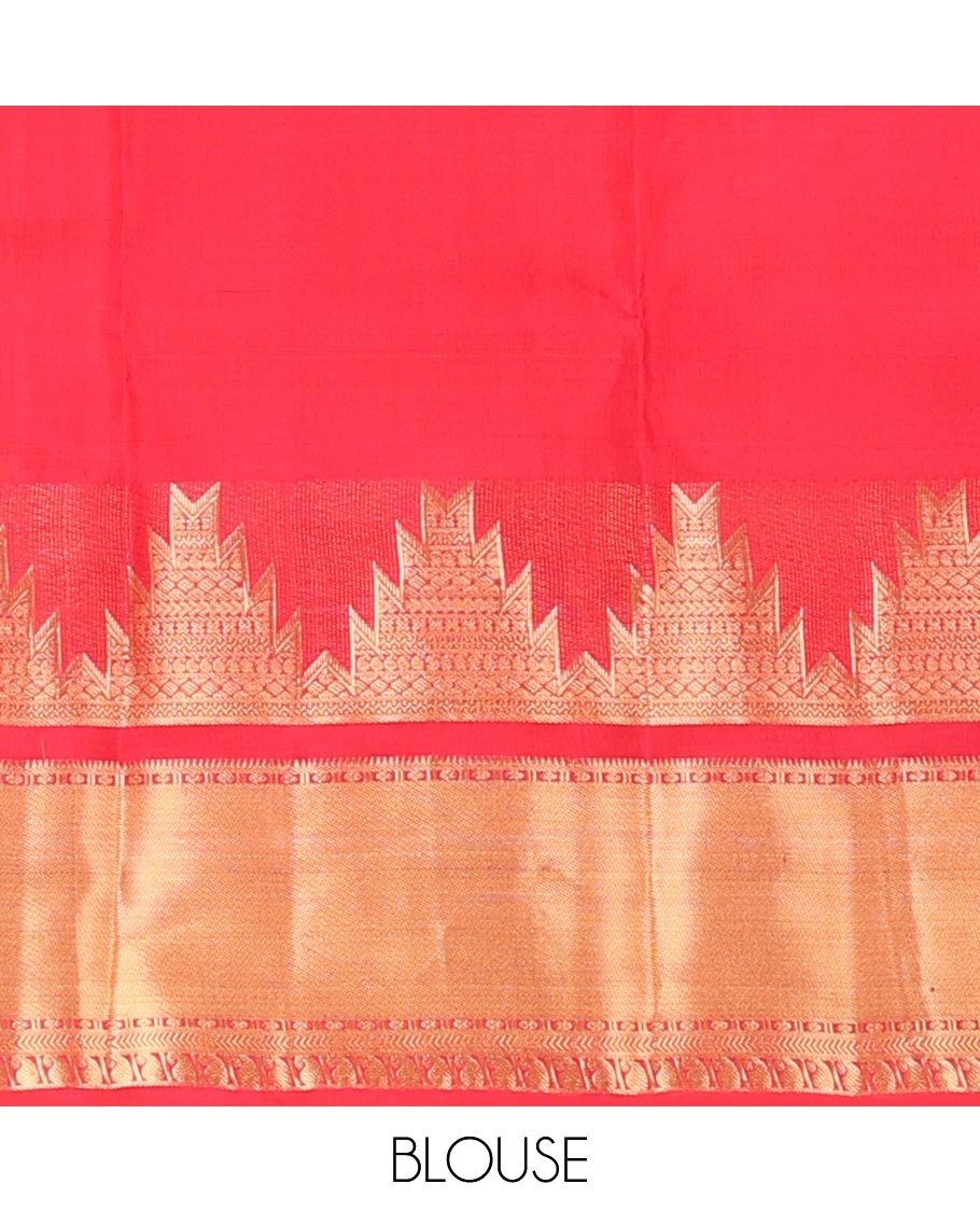 Red plain silk saree, zari border of thazampoo rekku,rudraksham,kathir & manga designs & spade motifs woven pallu