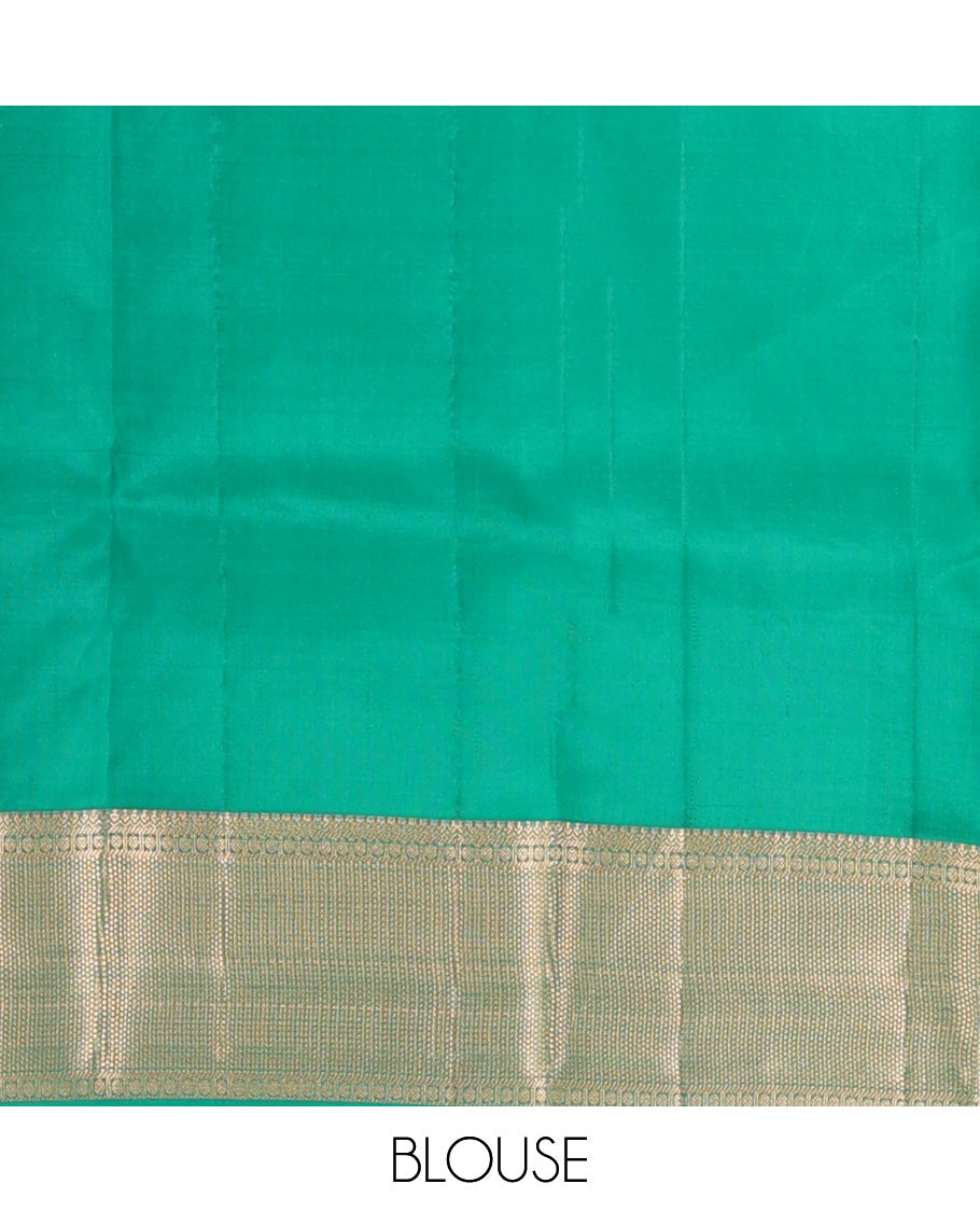 Red plain Kanchipuram silk saree, contrast border of thilakam, banaras, kuyil kann, and rudraksham designs, and jaal pallu