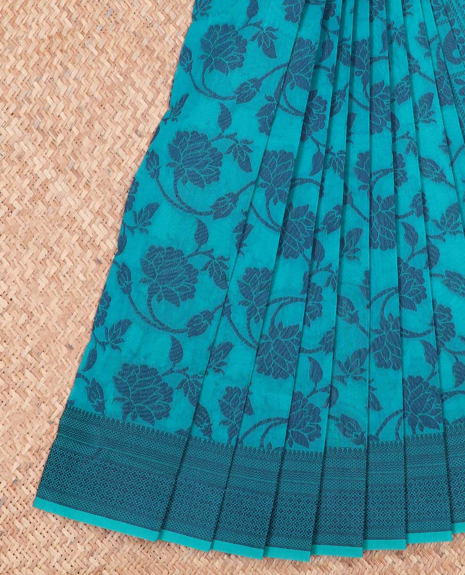 Blue floral vine design kora cotton saree with self intricate design border & floral enclosed checked design pallu